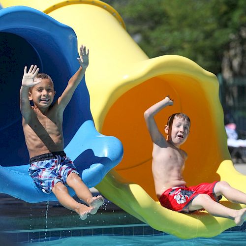 Two children are sliding down water slides into a pool, enjoying a sunny day.